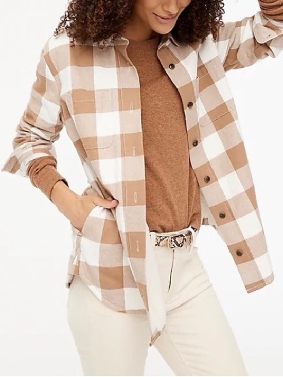 J. Crew Tops - J.CREW Flannel Plaid Brown White Button-Up Shirt Women’s Size L